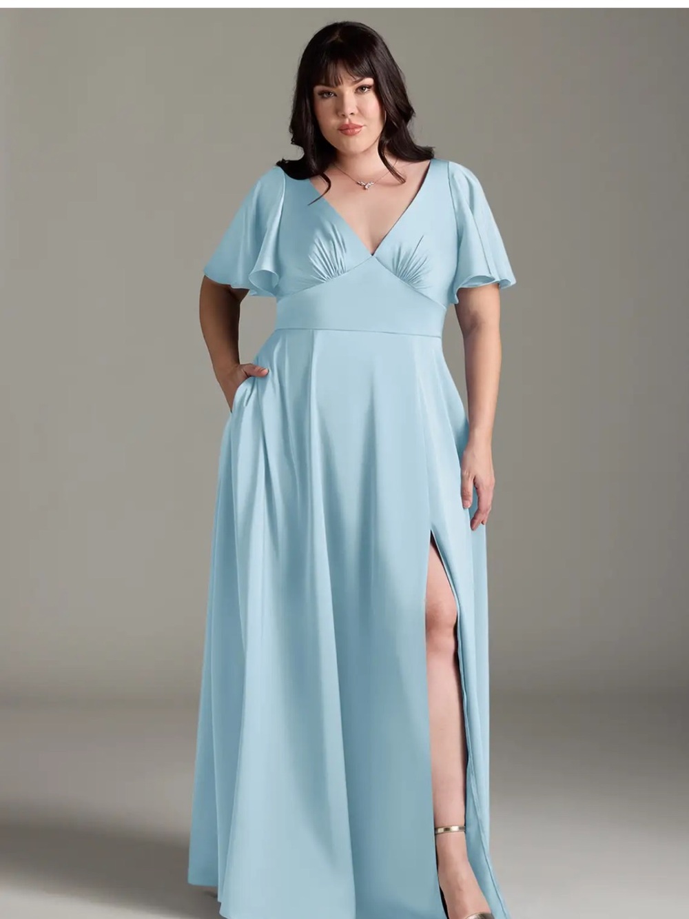Azazie Pale Blue V-Neck Maxi Dress with Flutter Sleeves and High Slit